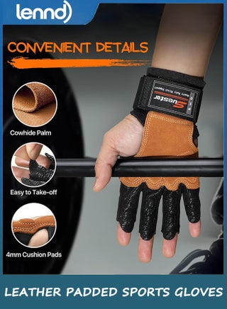Workout Gloves, Heavy Duty Cowhide Padded Weight Lifting Gloves with Wrist Support, Full Palm Protection & Silicone Grips Gym for Weightlifting, Deadlifts, Exercise - view 4